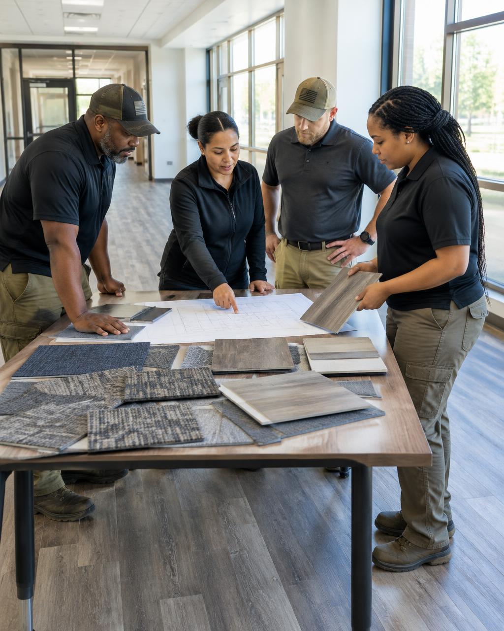 Flooring team reviewing plans and flooring samples